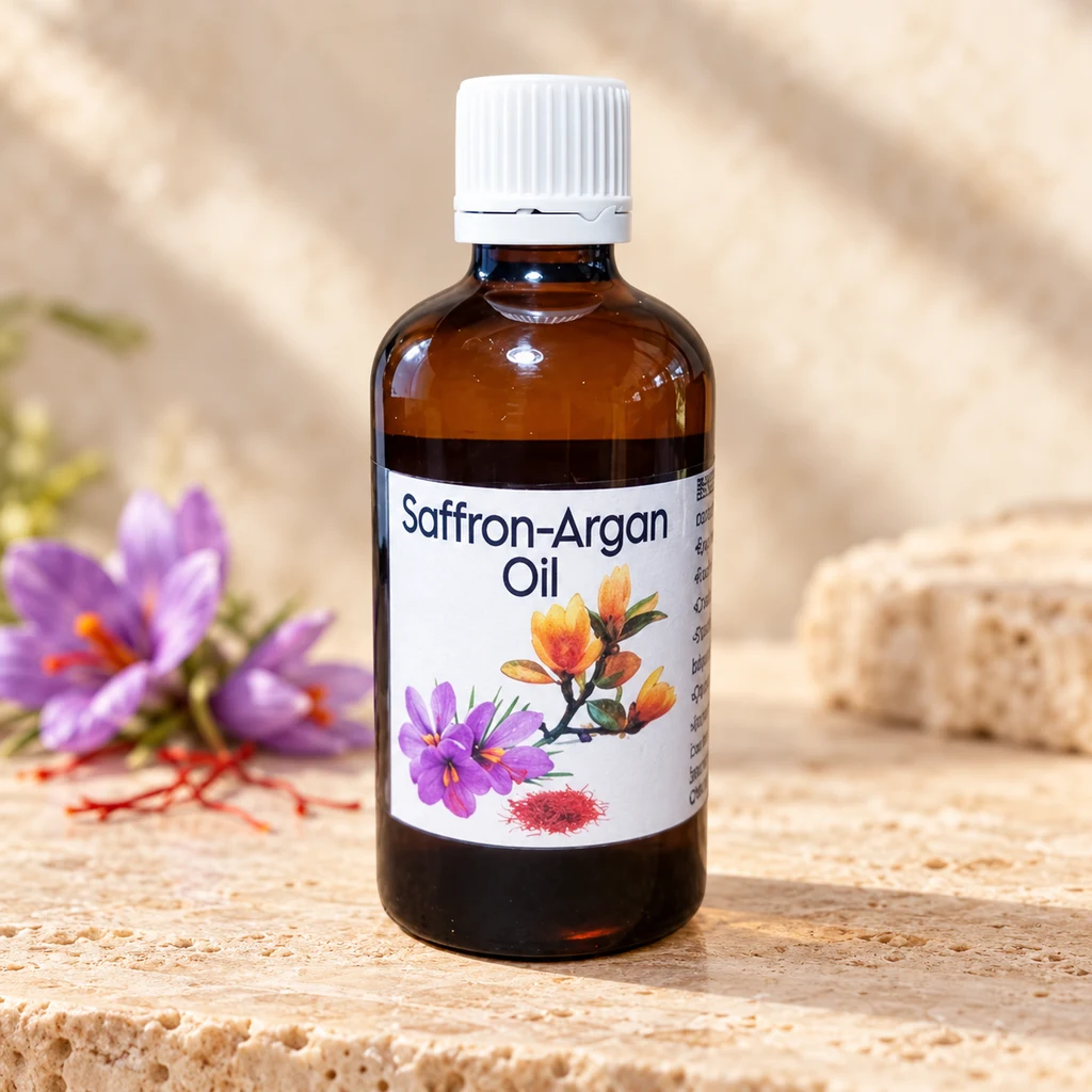 Saffron Argan Oil (100% pure) — Diana's product in a warm stone editorial setting