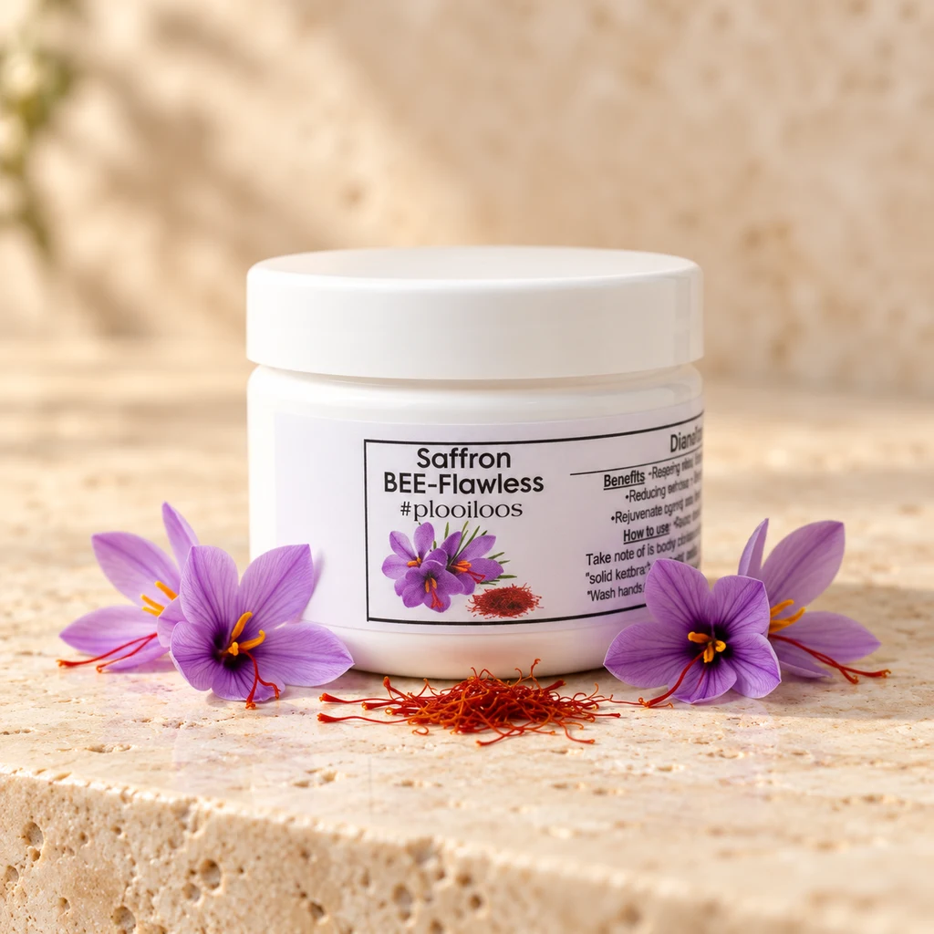 Saffron BEE-Flawless #Plooiloos — Diana's product in a warm stone editorial setting