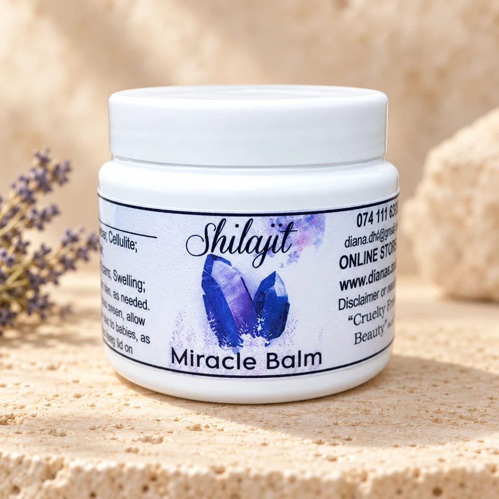 Shilajit Miracle Balm — Diana's product in a warm stone editorial setting