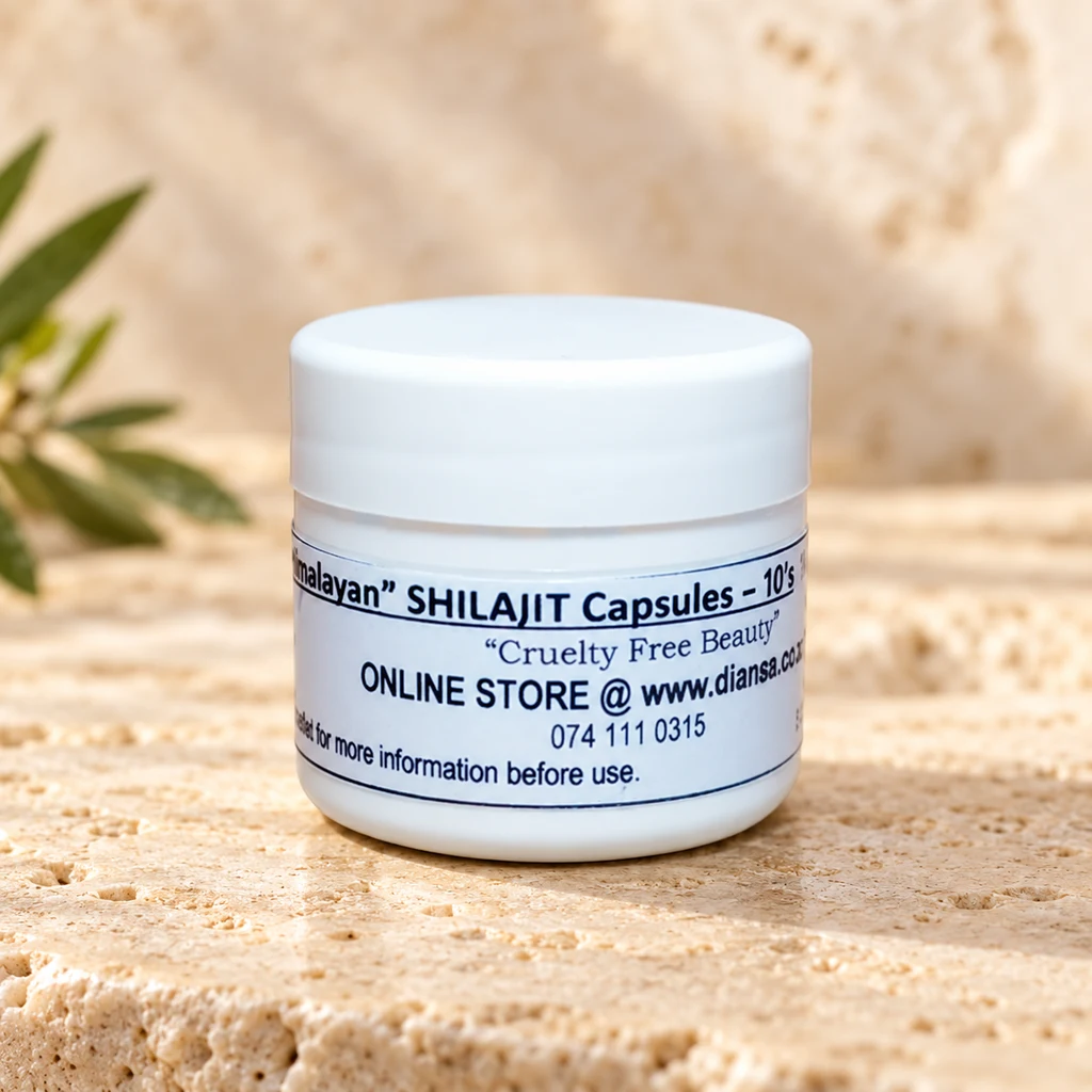 Shilajit 1,000mg “Vegan” Capsules – 10’s — Diana's product in a warm stone editorial setting