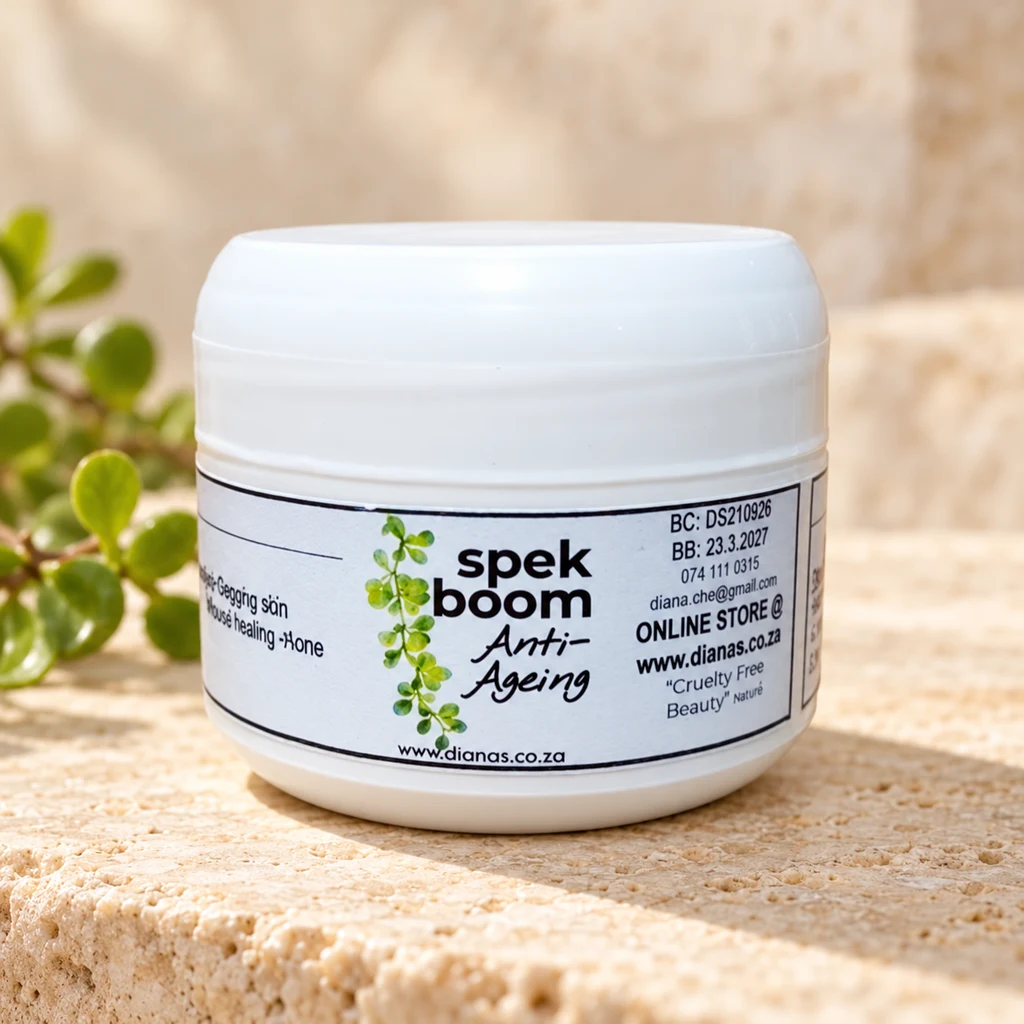 Spekboom Anti-Ageing Day-Night Cream — Diana's product in a warm stone editorial setting
