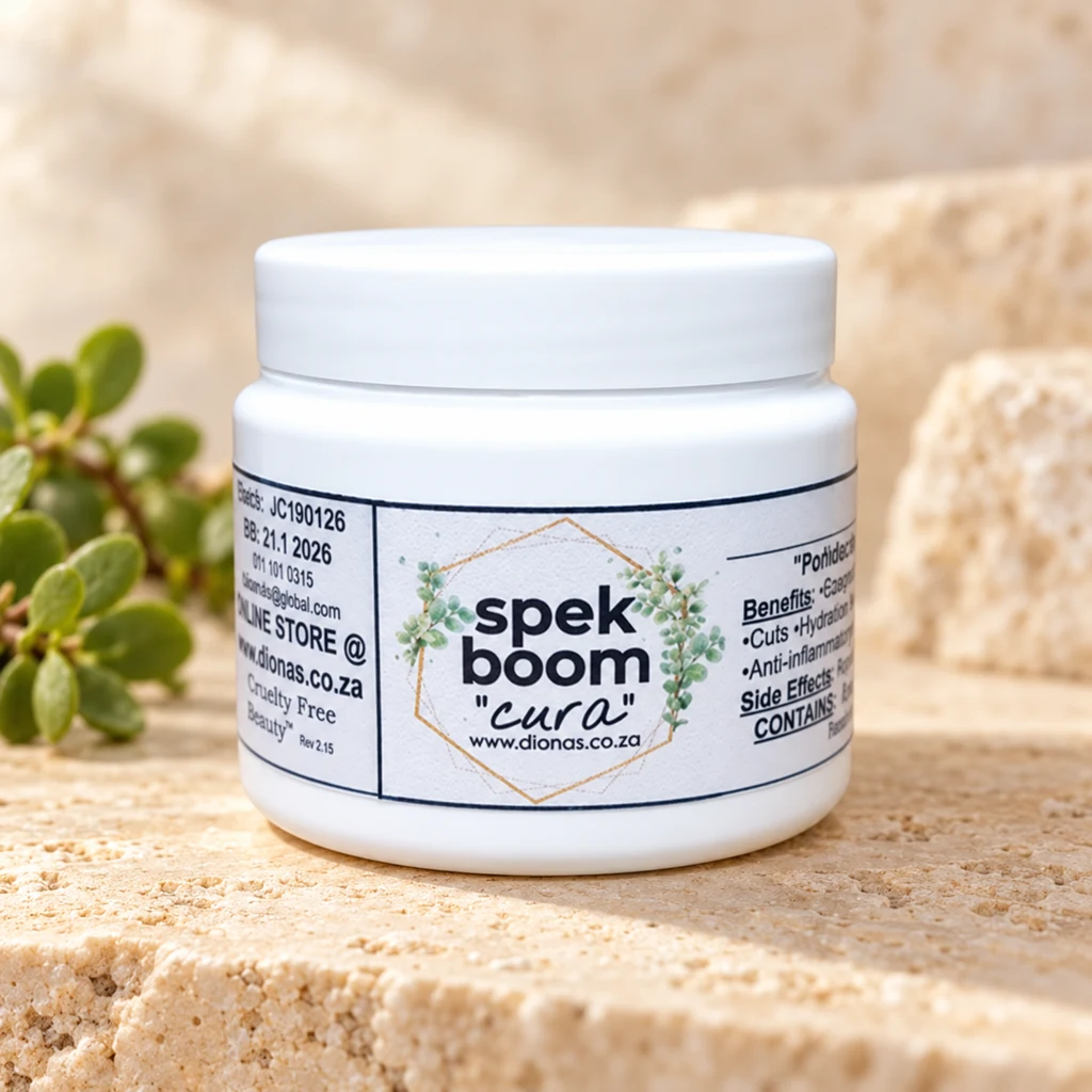 Spekboom Cura Cream — Diana's product in a warm stone editorial setting