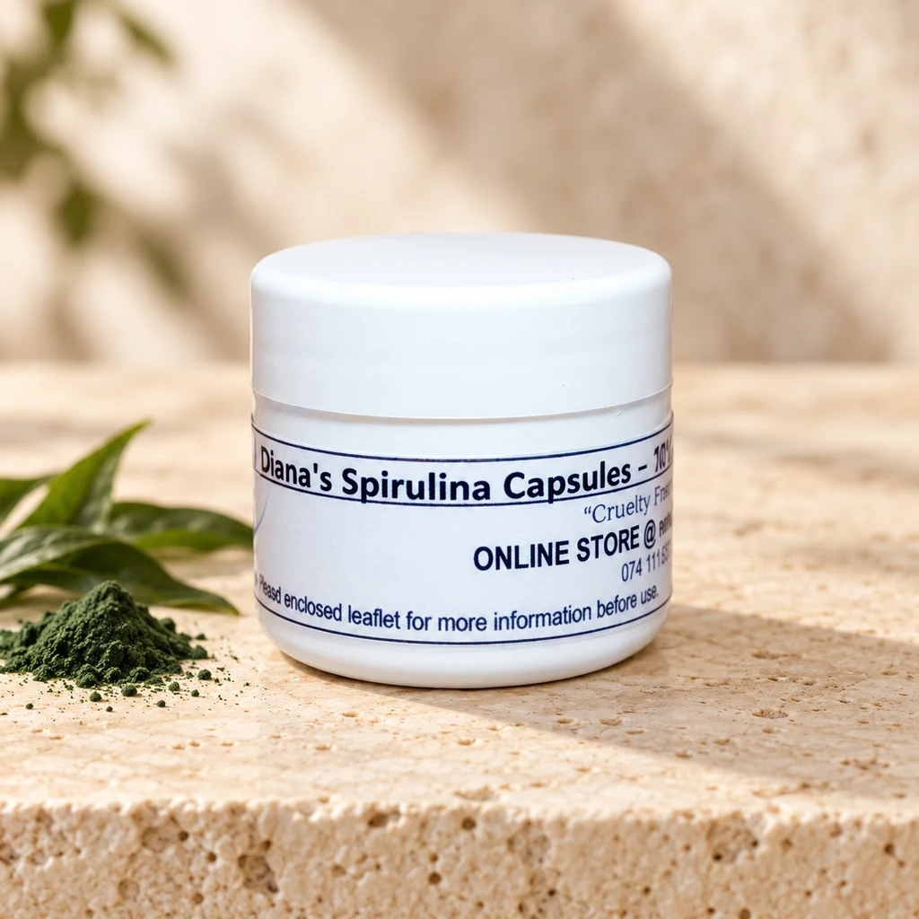 Spirulina 600mg “Vegan” Capsules – 10’s — Diana's product in a warm stone editorial setting