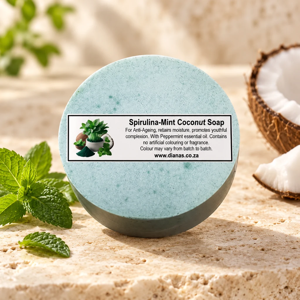 Spirulina-Mint Coconut Soap Bar — Diana's product in a warm stone editorial setting