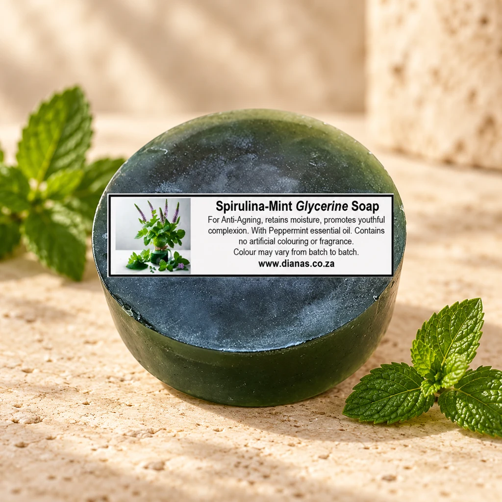 Spirulina-Mint Glycerine Soap Bar — Diana's product in a warm stone editorial setting