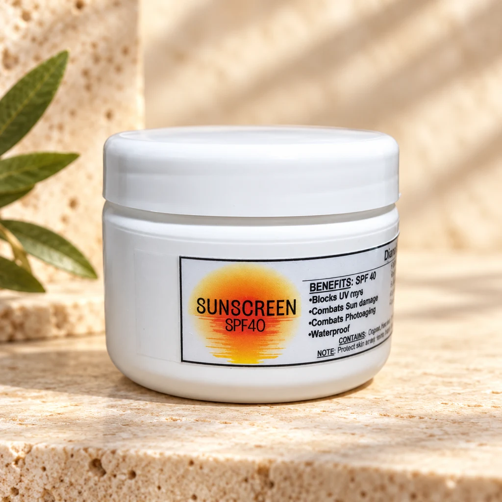 Sunscreen SPF40 — Diana's product in a warm stone editorial setting