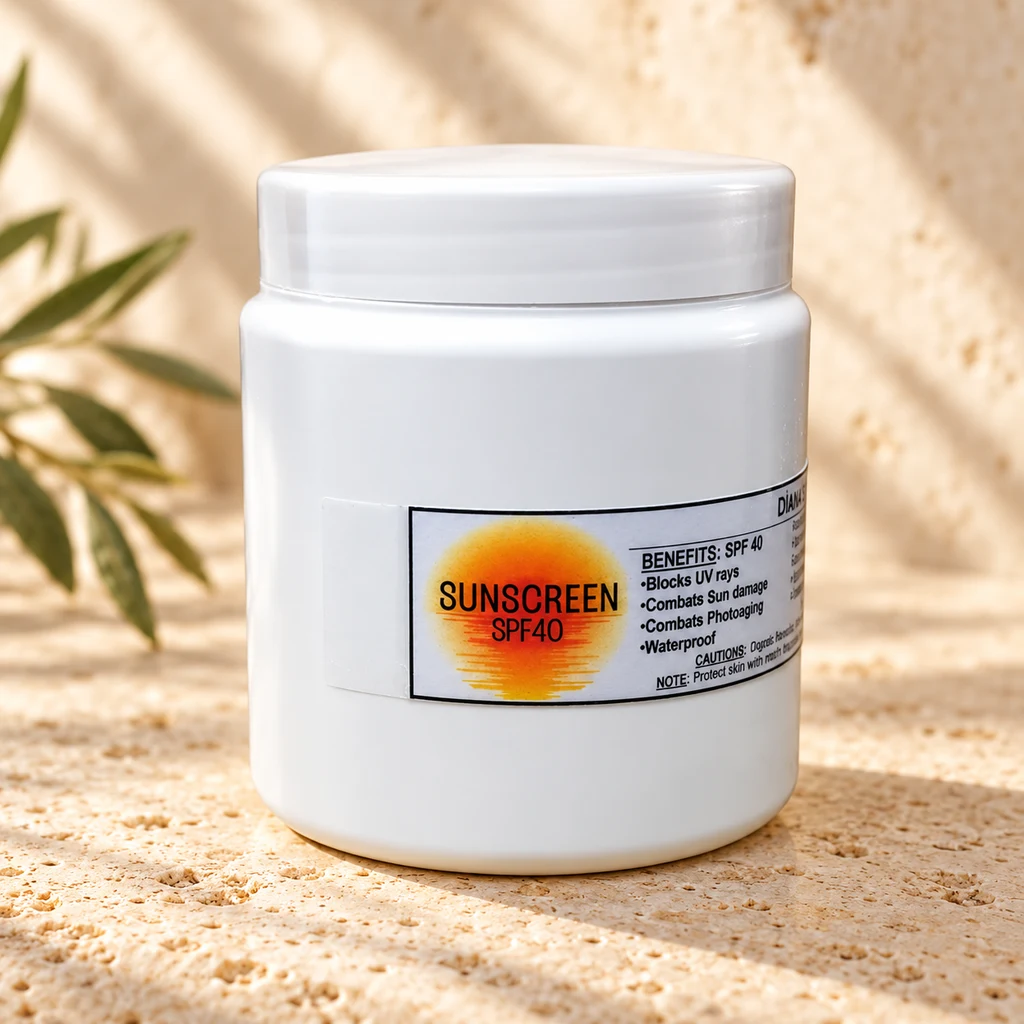 Sunscreen SPF40 — Diana's product in a warm stone editorial setting