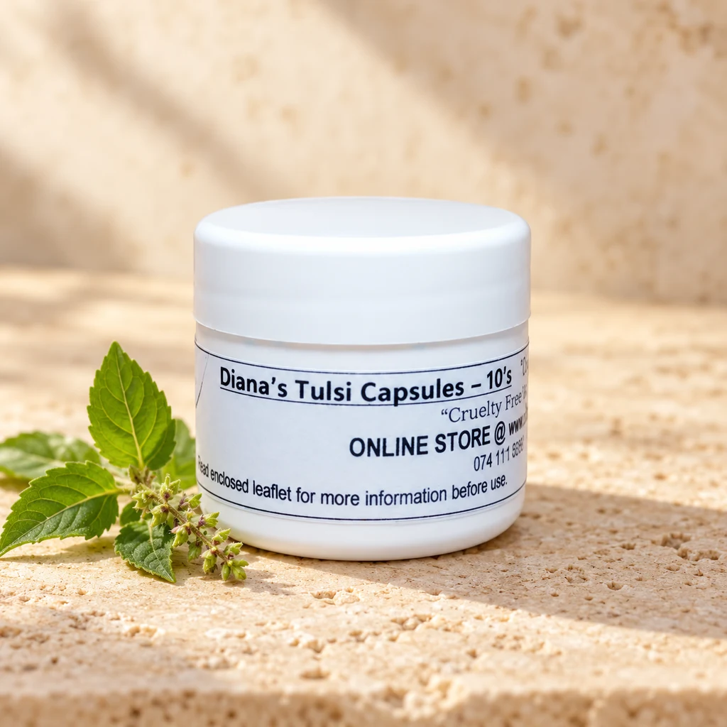 Tulsi 600mg “Vegan” Capsules 10’s — Diana's product in a warm stone editorial setting