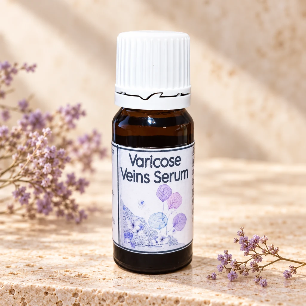 Varicose Veins Support Serum — Diana's product in a warm stone editorial setting