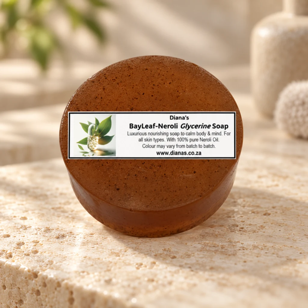 BayLeaf-Neroli Glycerine Soap Bar — Diana's product in a warm stone editorial setting