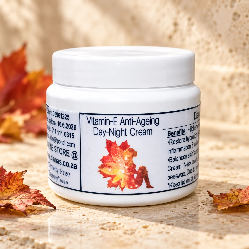 Vitamin-E Anti-Ageing Day-Night Cream — Diana's product in a warm stone editorial setting