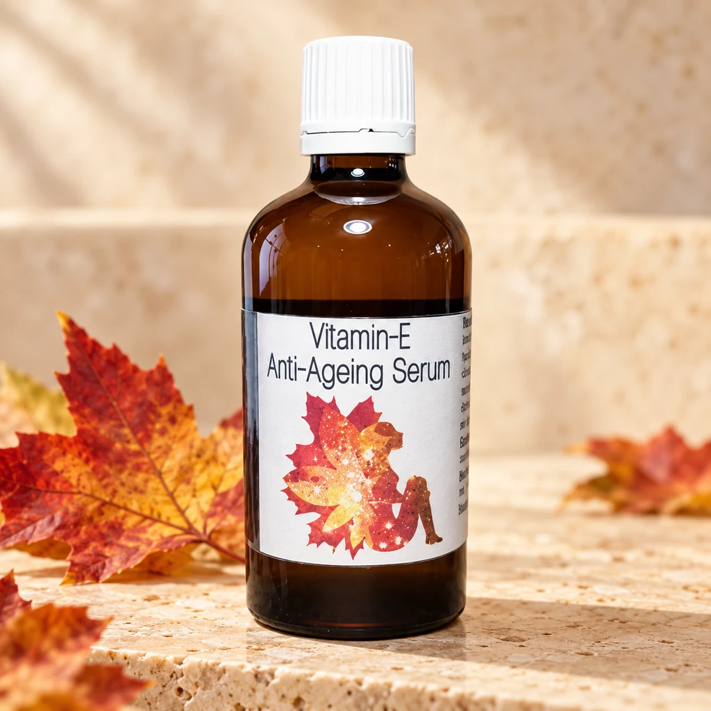 Vitamin-E Anti-Ageing Serum — Diana's product in a warm stone editorial setting