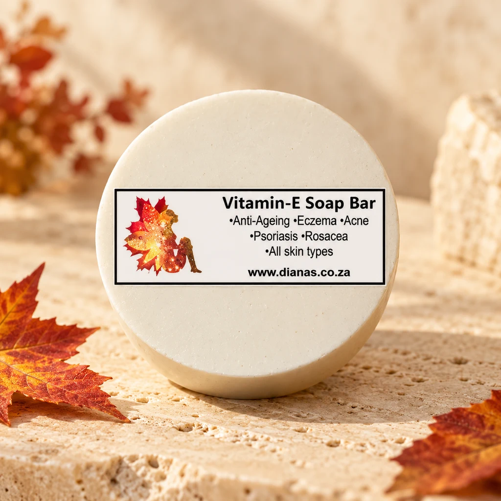 Vitamin-E Anti-Ageing soap bar — Diana's product in a warm stone editorial setting