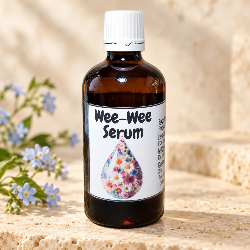 Wee-Wee Support Serum — Diana's product in a warm stone editorial setting