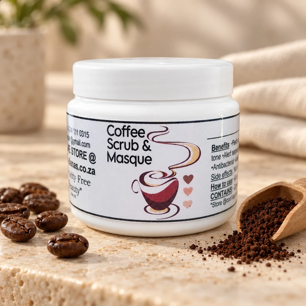 Coffee Scrub & Masque — Diana's product in a warm stone editorial setting