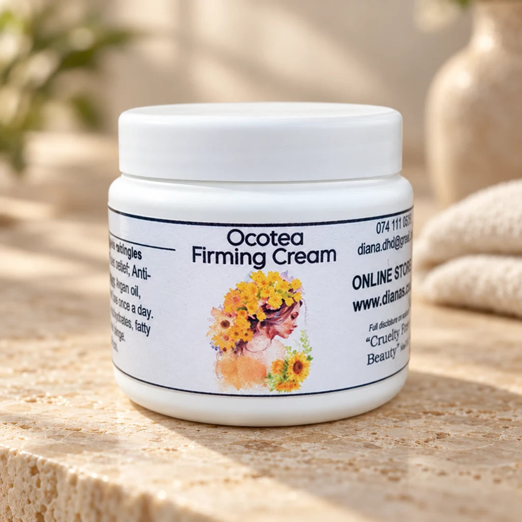 Ocotea Firming Cream — Diana's product in a warm stone editorial setting