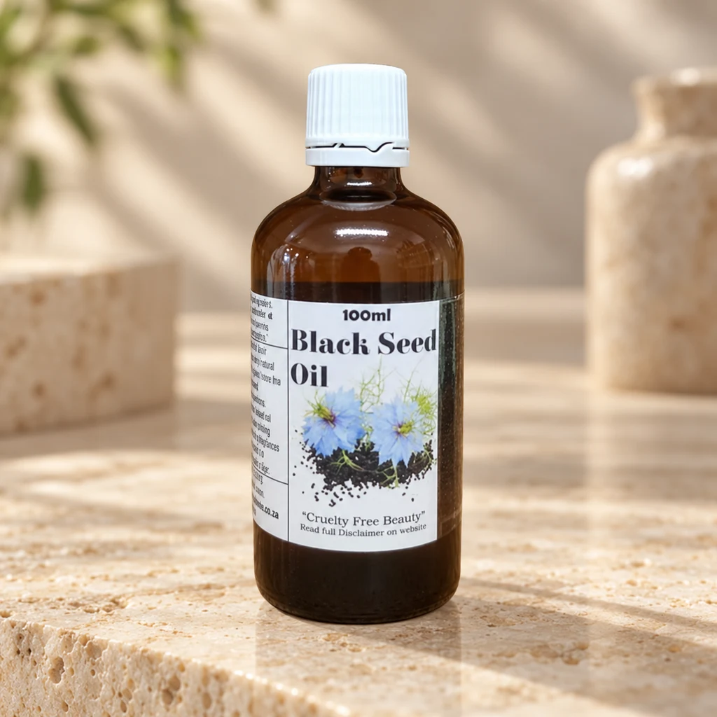 Black Seed Oil — Diana's product in a warm stone editorial setting