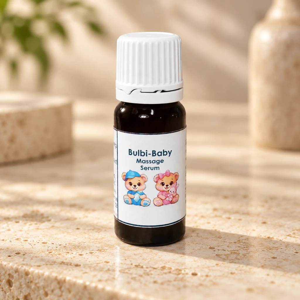 Bulbi-Baby Massage Serum — Diana's product in a warm stone editorial setting