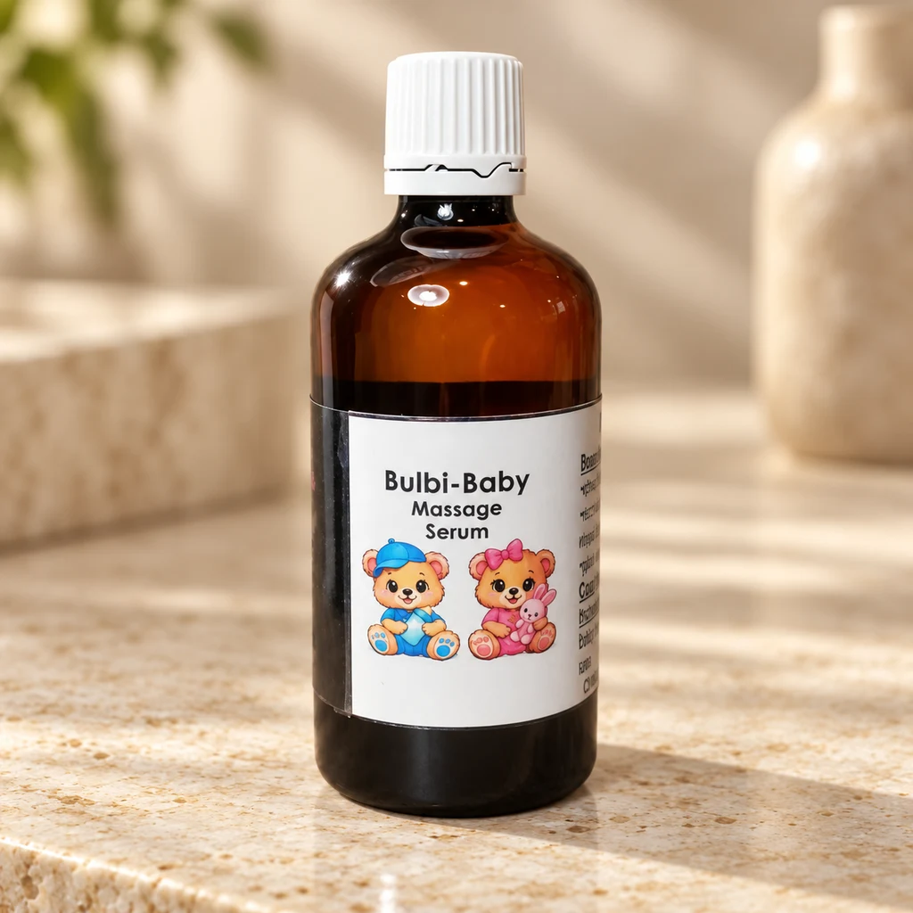 Bulbi-Baby Massage Serum — Diana's product in a warm stone editorial setting