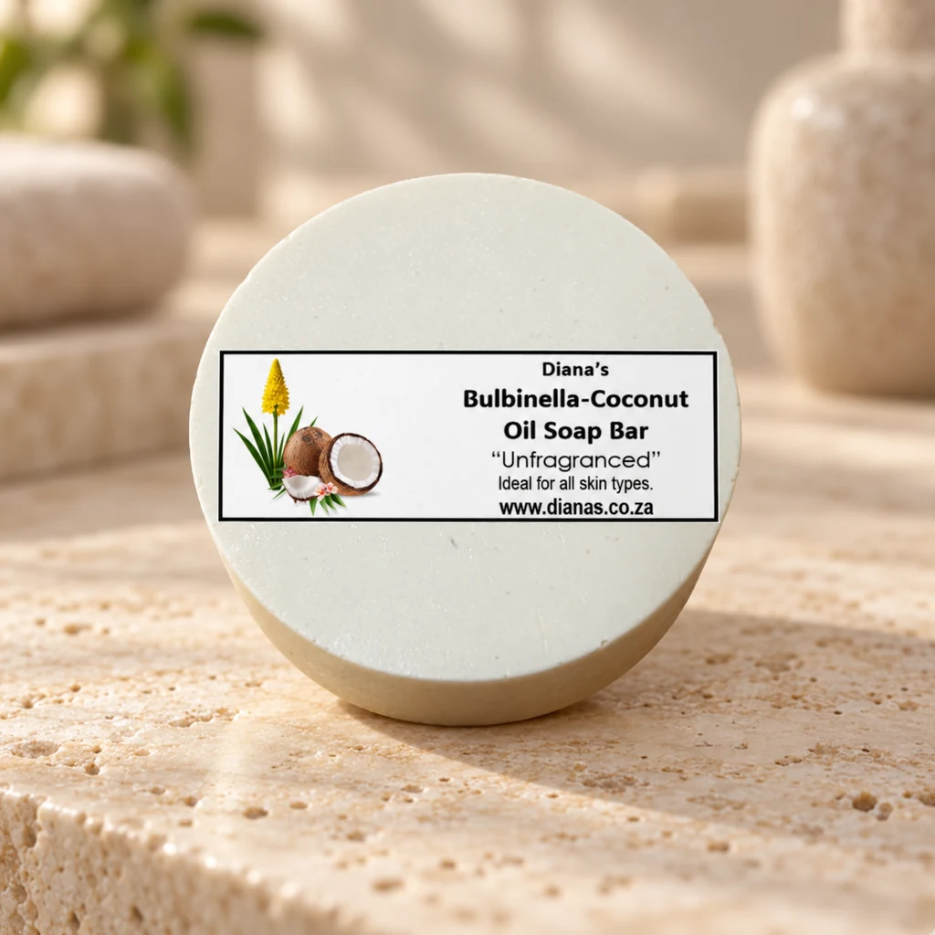 Bulbinella Coconut Oil Soap Bar — Diana's product in a warm stone editorial setting