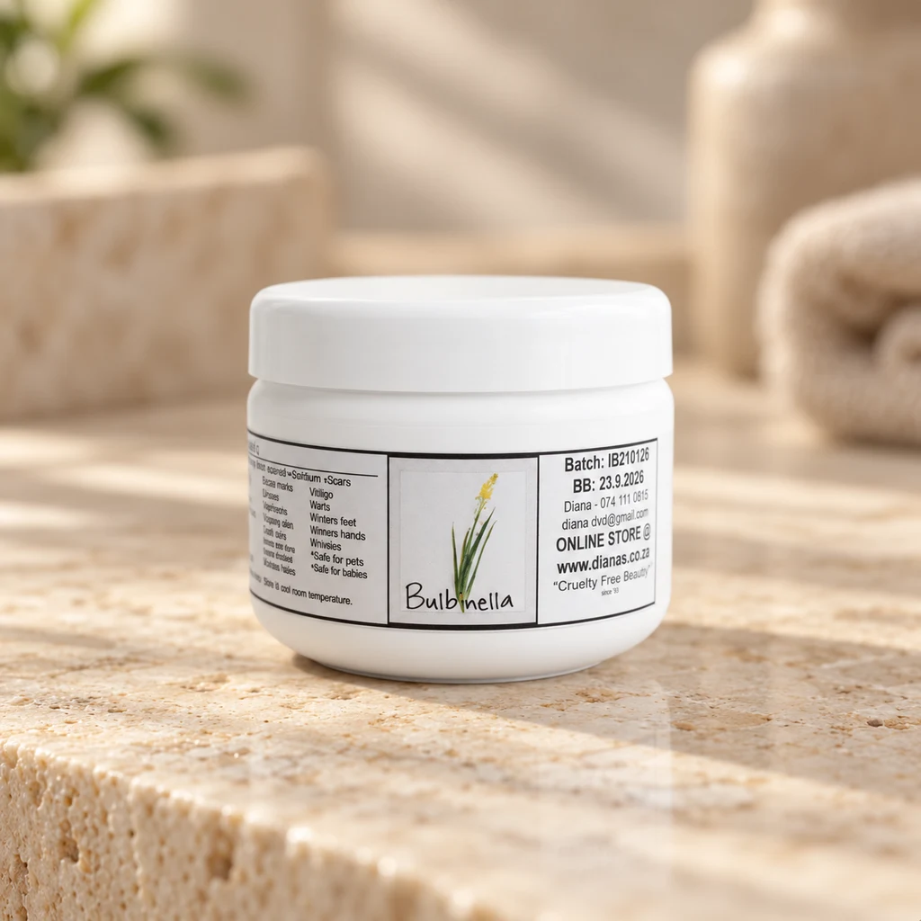 Bulbinella Cream — Diana's product in a warm stone editorial setting