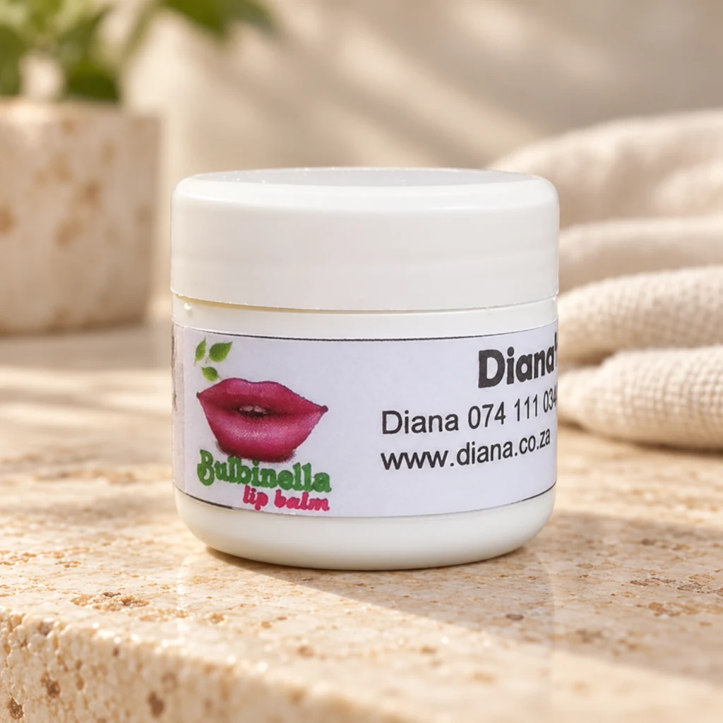 Bulbinella Lip Balm Bubblegum — Diana's product in a warm stone editorial setting