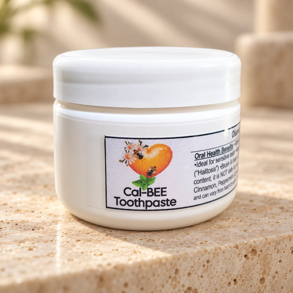 Cal-BEE Toothpaste — Diana's product in a warm stone editorial setting