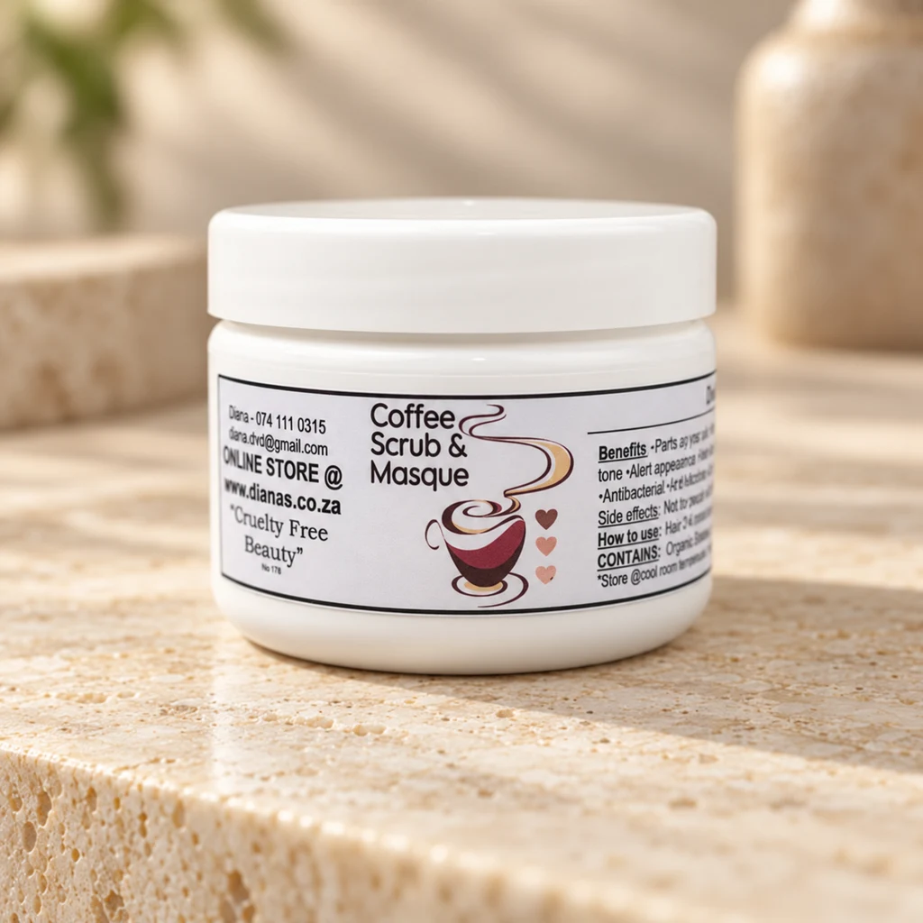 Coffee Scrub & Masque — Diana's product in a warm stone editorial setting