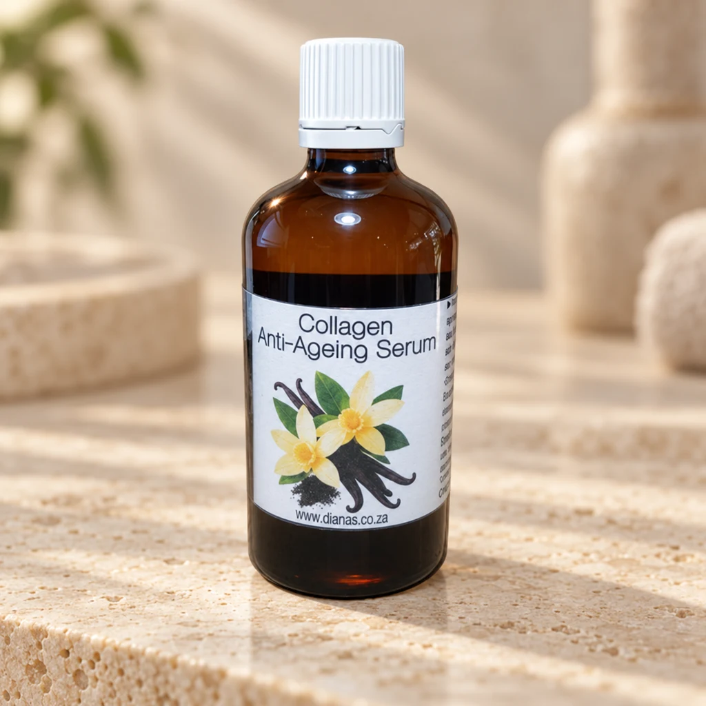 Collagen Anti-Ageing Serum — Diana's product in a warm stone editorial setting