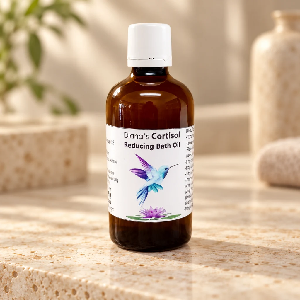 Cortisol Support Bath Oil — Diana's product in a warm stone editorial setting
