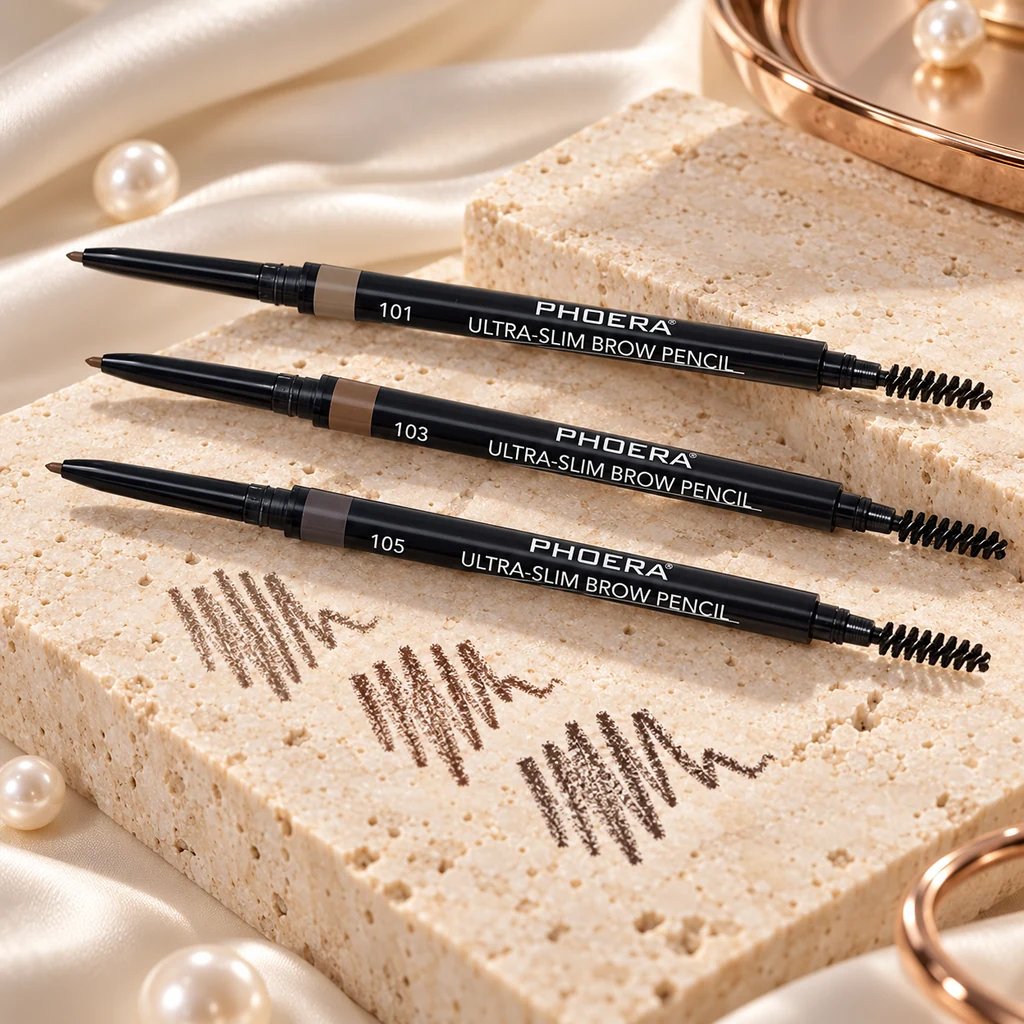 PHOERA Ultra-slim Brow Pencil in original PHOERA packaging, premium Katjiepiering editorial photograph