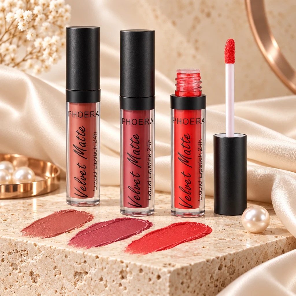 PHOERA Long lasting Velvet Matte Liquid Lipstick in original PHOERA packaging, premium Katjiepiering editorial photograph