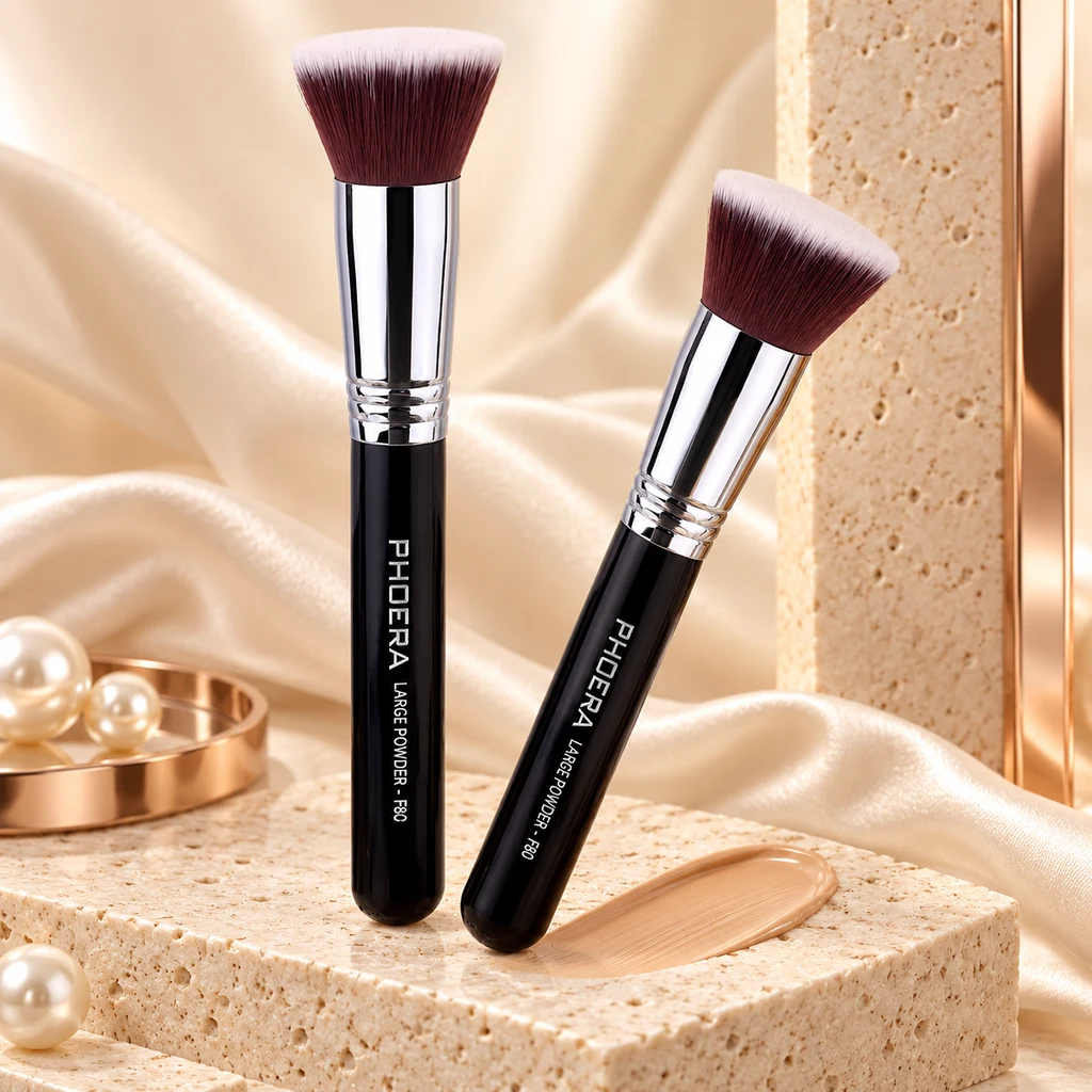 PHOERA Foundation Flat Kabuki Brush in original PHOERA packaging, premium Katjiepiering editorial photograph