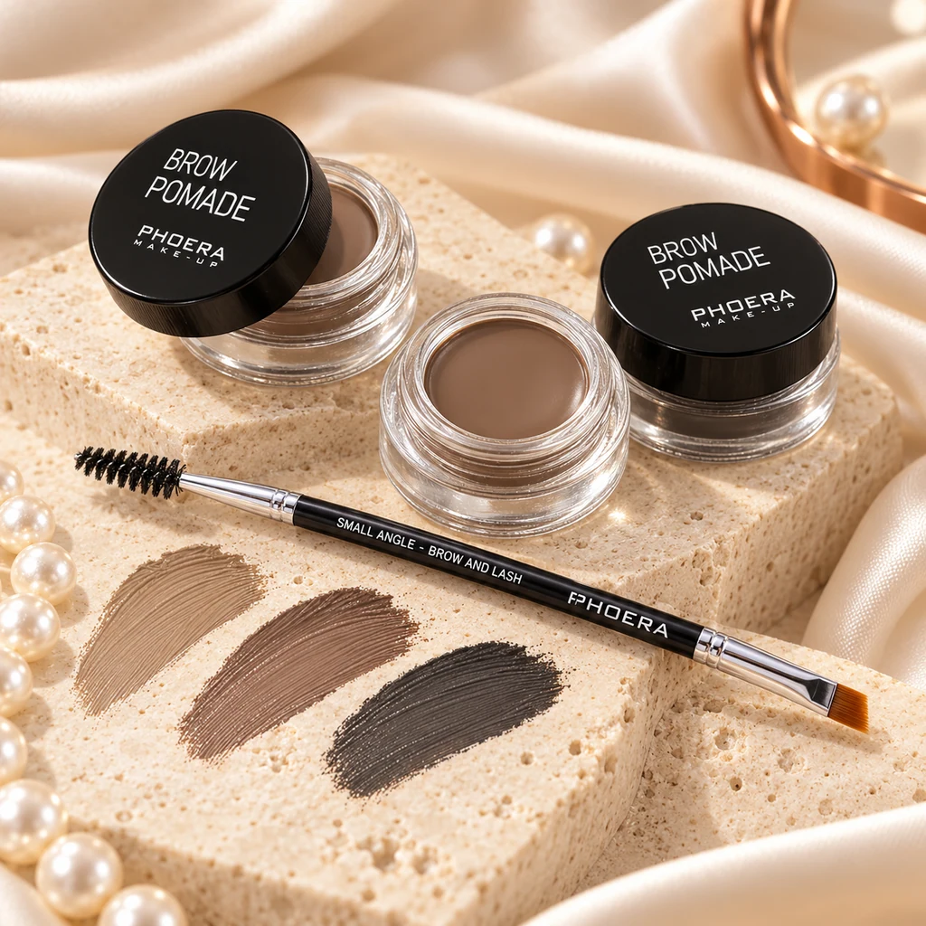 PHOERA Eyebrow Pomade Waterproof Brow Gel in original PHOERA packaging, premium Katjiepiering editorial photograph