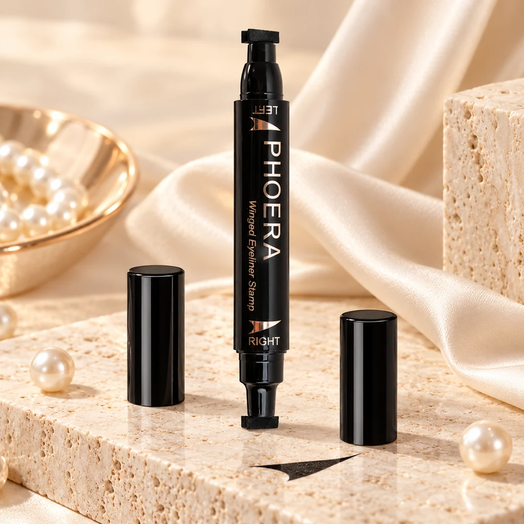 PHOERA Dual-ended Winged Eyeliner Stamp in original PHOERA packaging, premium Katjiepiering editorial photograph