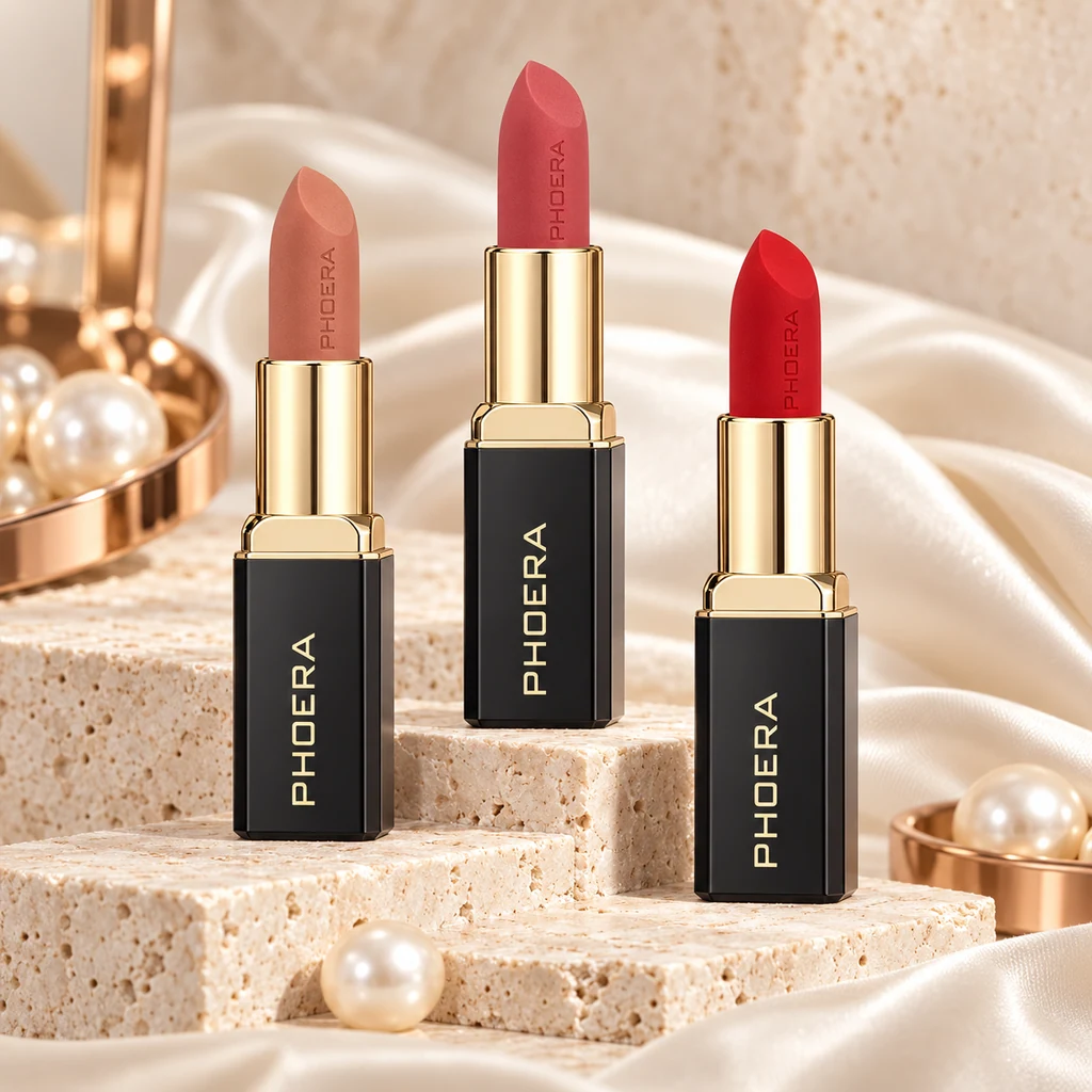 PHOERA 24 HRS Non Transfer Matte Lipstick in original PHOERA packaging, premium Katjiepiering editorial photograph