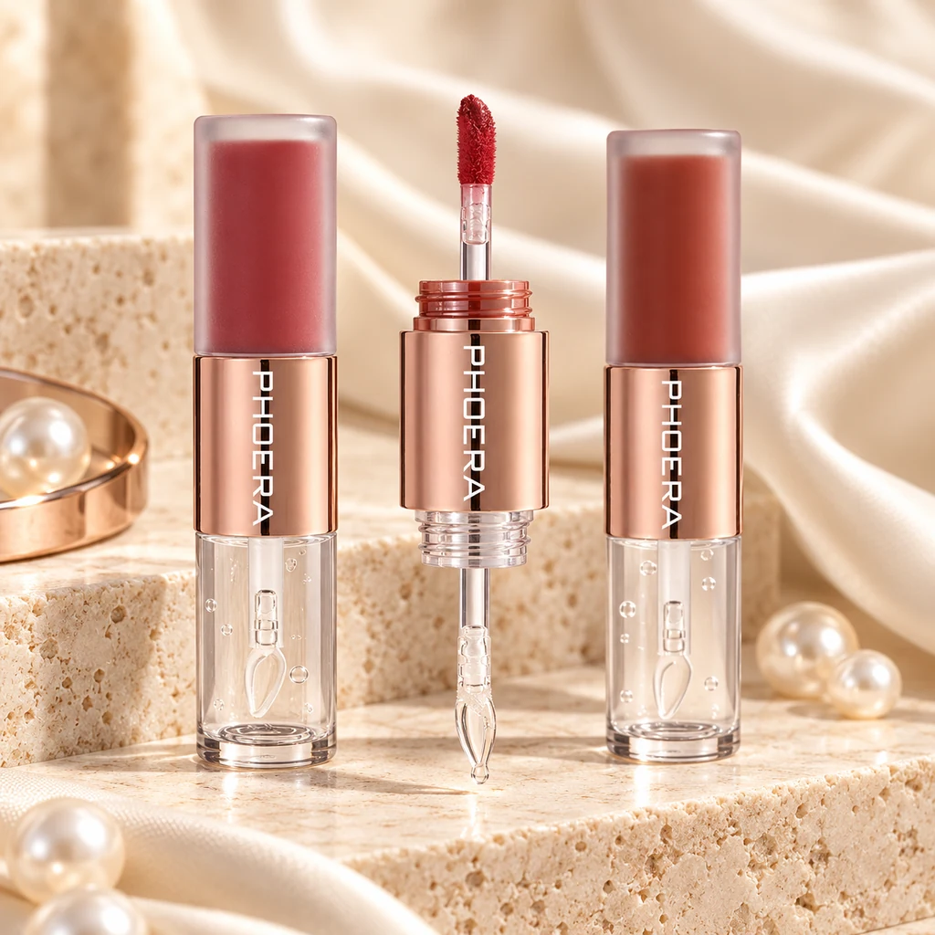 PHOERA Rouge Ultra Liquid Lipstick Duo in original PHOERA packaging, premium Katjiepiering editorial photograph