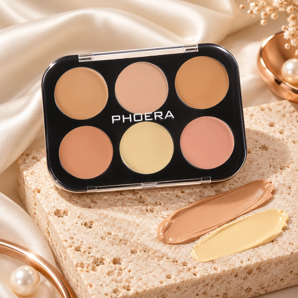 PHOERA Cream Concealer Correct Contour Palette in original PHOERA packaging, premium Katjiepiering editorial photograph