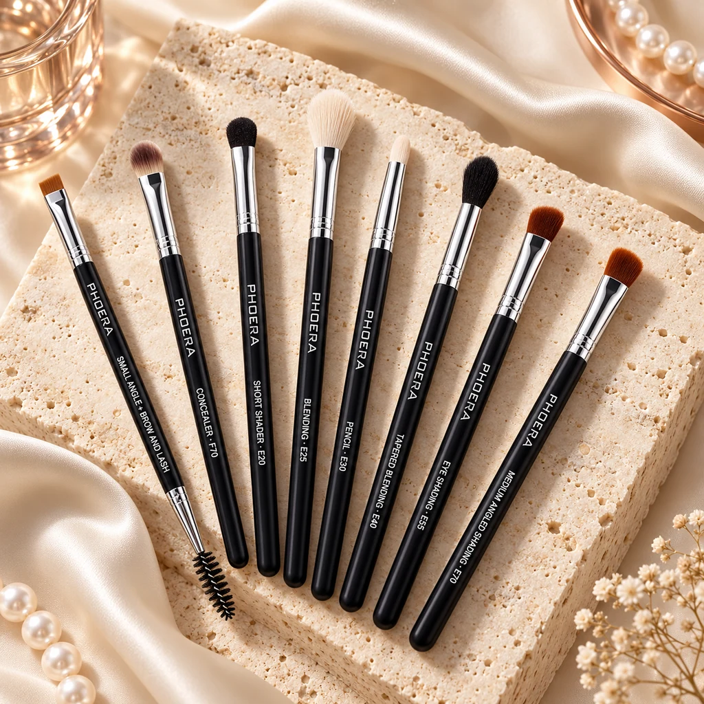 PHOERA Eye Brush 8-Piece Set in original PHOERA packaging, premium Katjiepiering editorial photograph