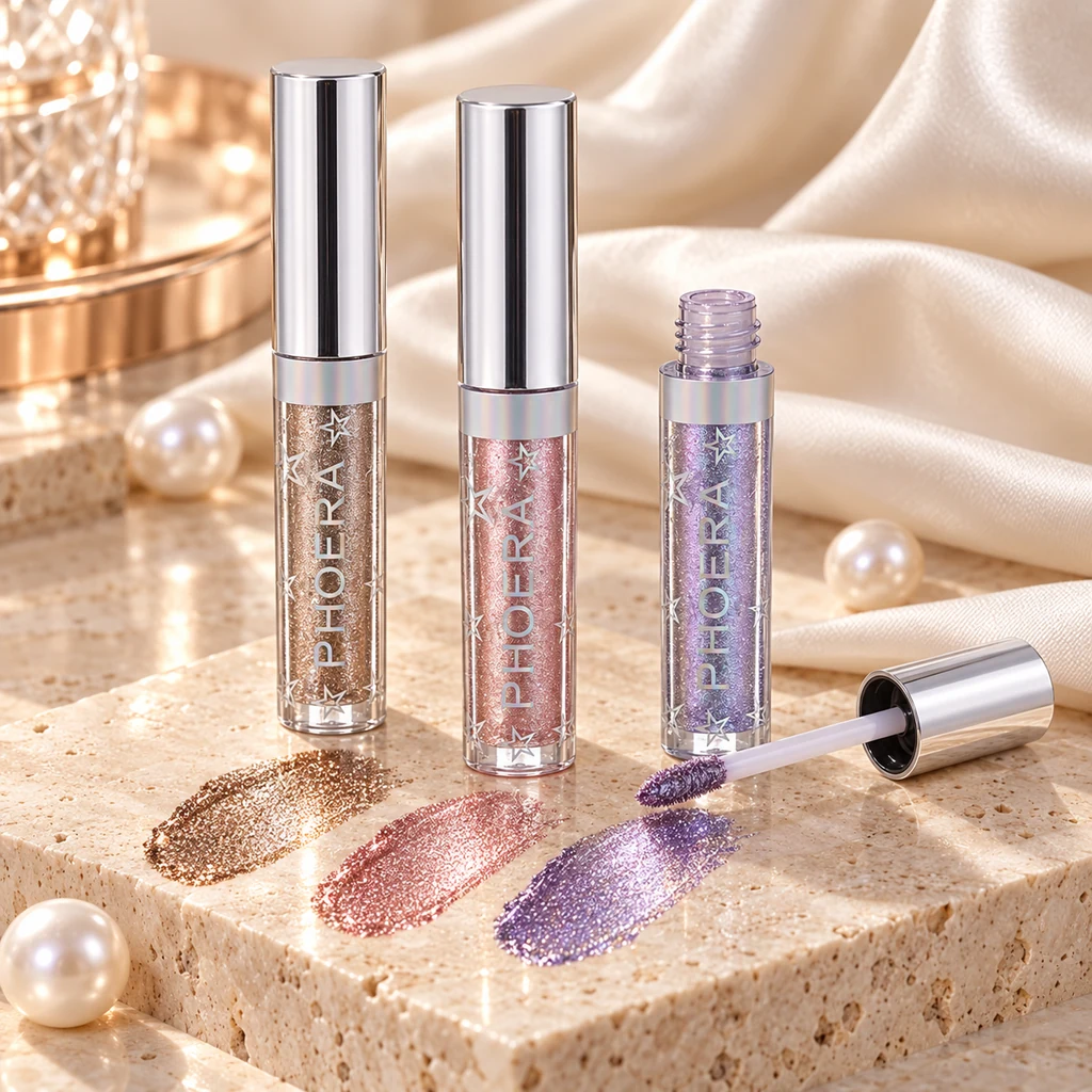 PHOERA Magnificent Metals Glitter and Glow Liquid Eyeshadow in original PHOERA packaging, premium Katjiepiering editorial photograph