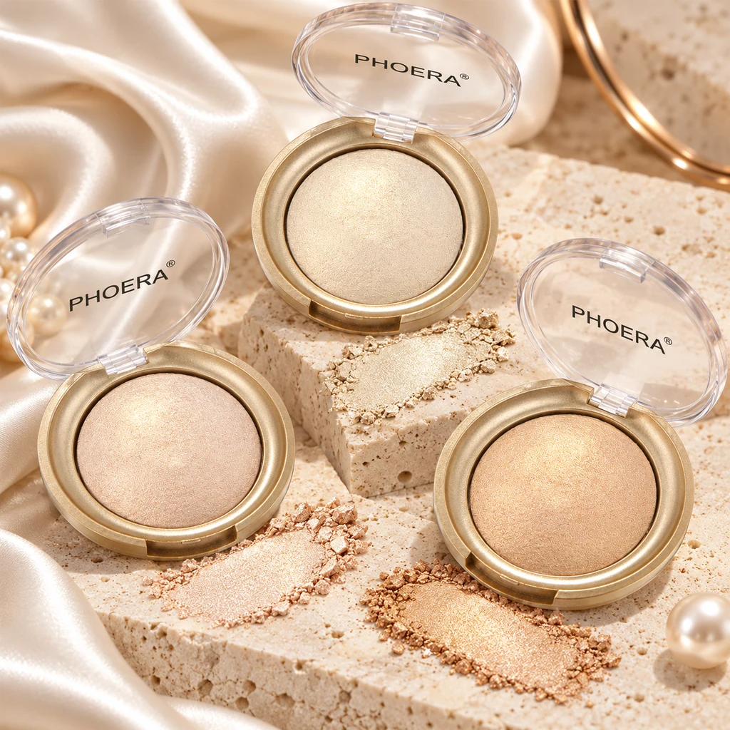 PHOERA Brighten Up Baked Highlighter Powder in original PHOERA packaging, premium Katjiepiering editorial photograph