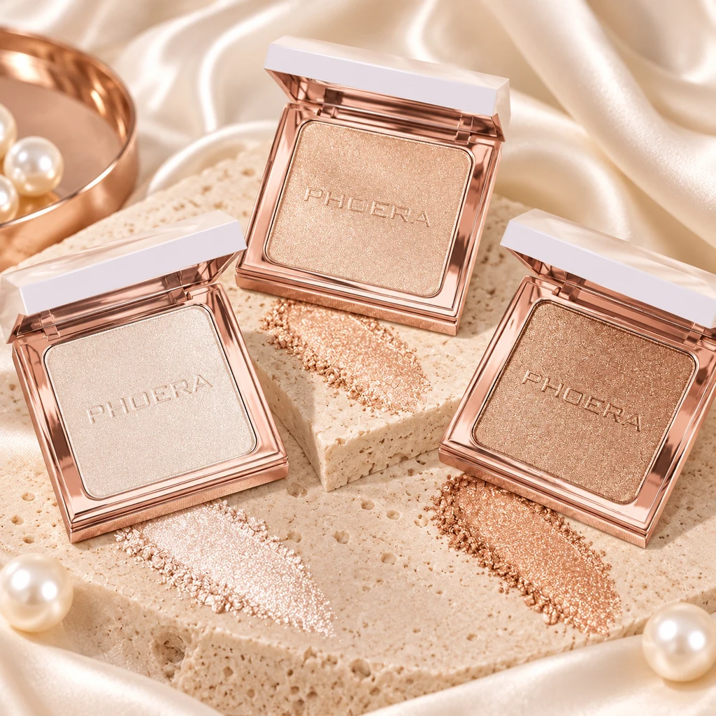 PHOERA Radiant Sparkle Highlighter in original PHOERA packaging, premium Katjiepiering editorial photograph