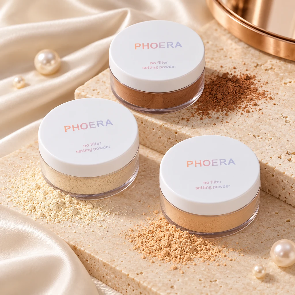 PHOERA Setting Powder Loose Face Powder in original PHOERA packaging, premium Katjiepiering editorial photograph